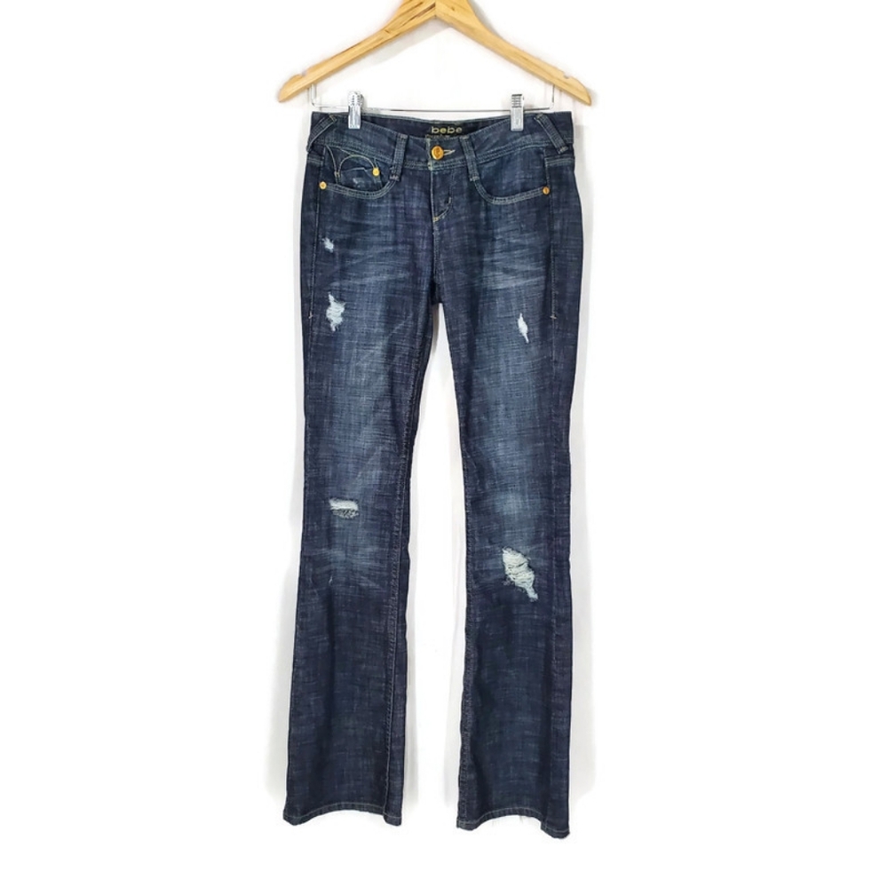 Bebe | Vintage Y2K Gold Metal Logo Back Pocket Bootcut Flare Jeans | 26 Low Rise - Picture 2 of 14